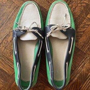 Green, navy blue and white Sperry boat shoes